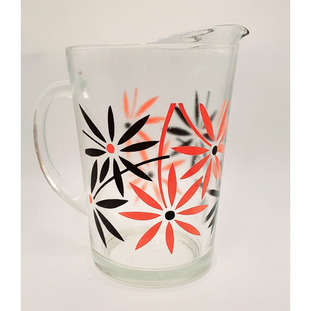 Mid-Century Modern Anchor Hocking Pitcher – Coral Pink & Black Atomic Floral